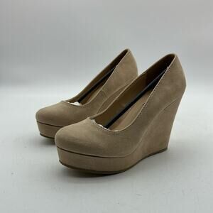 SODA Tan Suede Round‎ Toe Platform Wedge High Heel Shoes Size 6